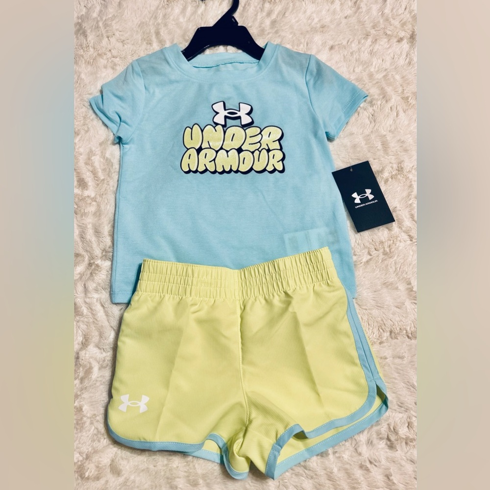 NWT Under Armour Girls Blue T-Shirt & Yellow Shorts Matching Set | Size 2T